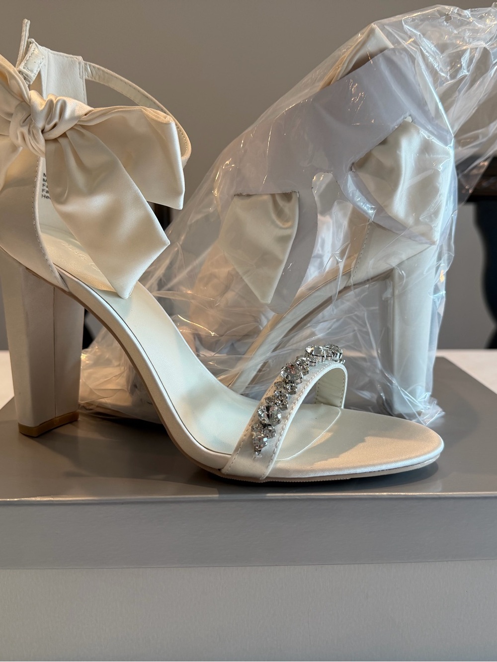 Oleg Cassini Ivory Satin Bow Block Heel Sandals with Crystal Strap